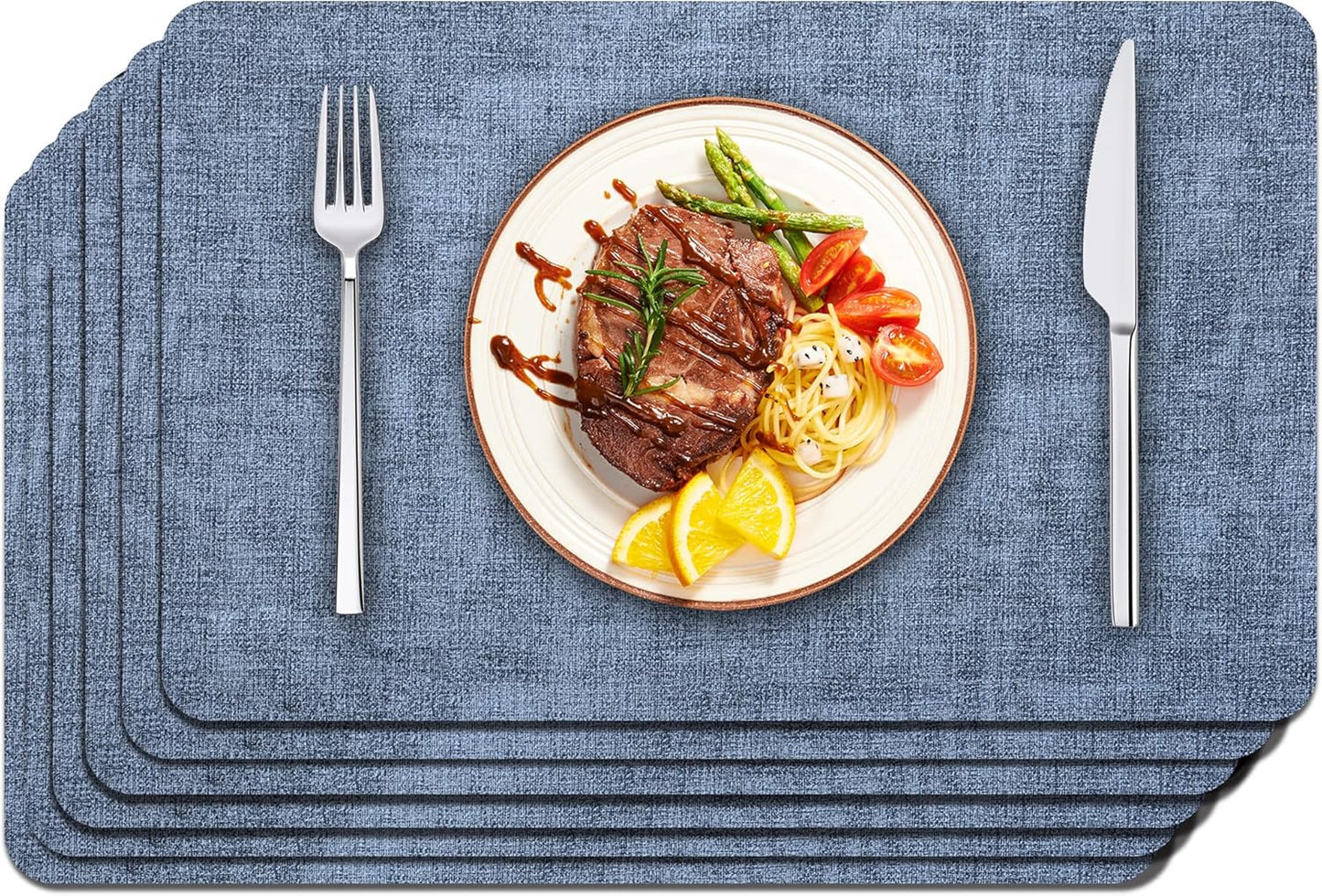 Maxpearl Faux Leather Placemats Set of 6 - Waterproof - Wipe Clean - Heat Resistant - Anti Slip Dining Table Place Mats, Suitable for Indoor & Outdoor Use, 17’’×12’’, Blue