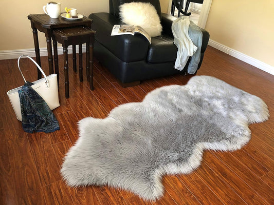 LAMBZY Faux Sheepskin Hypoallergenic Free Shape Silky Shag Rug, Luxury Shaggy Silky Plush Carpet for Bedrooms Rugs Living Room Kids Rooms Sofa Floor Rugs (Single and a Half 2'x4', Grey)
