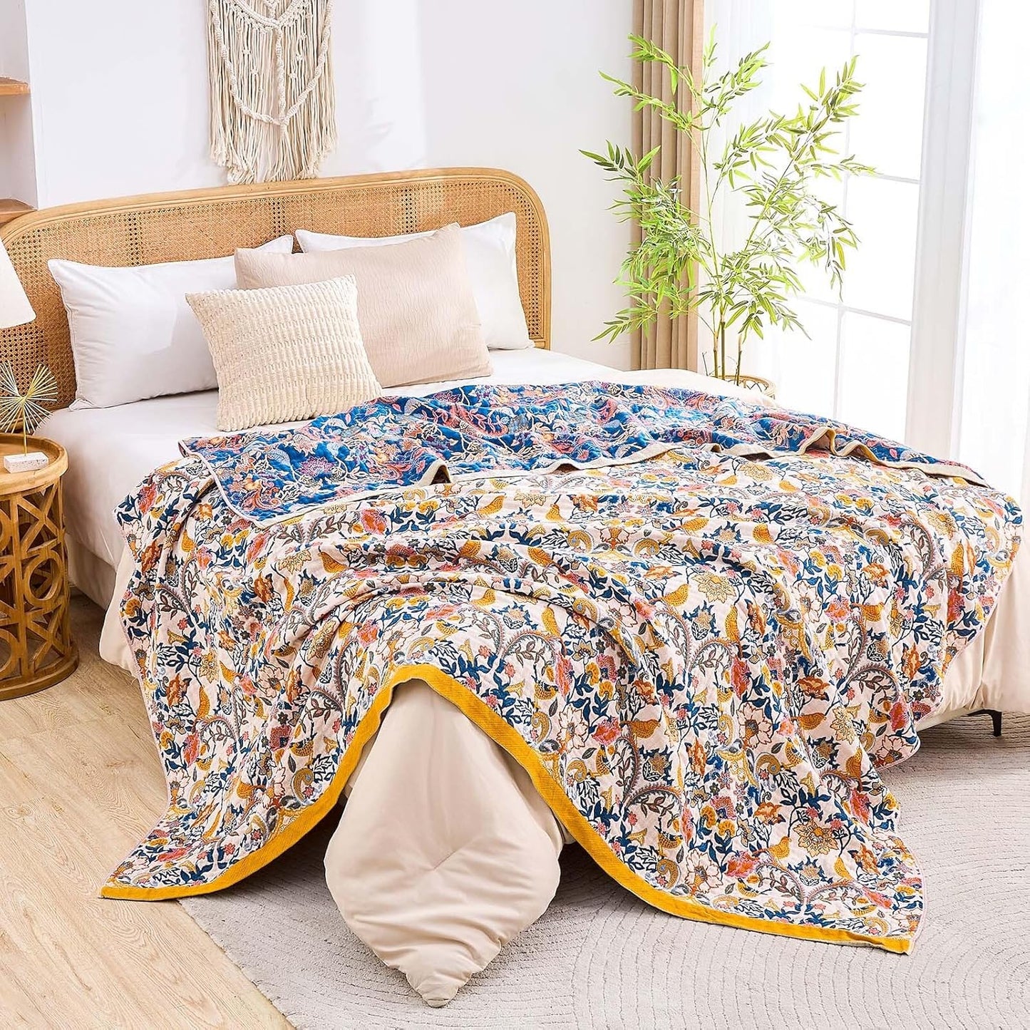 Boho Blanket Throw Quilt, 100% Cotton Soft Light Weight Throw Blankets for Summer, 90"x98" Farmhouse Flower Decorative Blankets, All Season Rustic Reversible Bohemian Throw Quilt