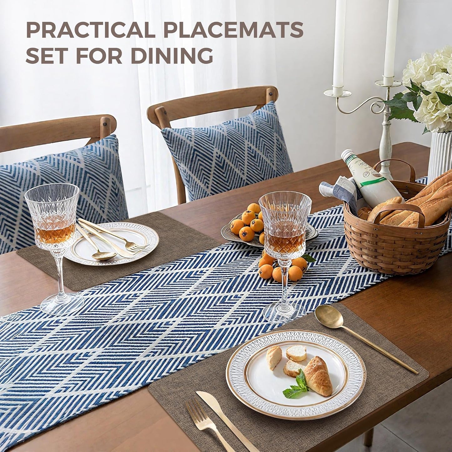 Vinyl Placemats Set of 6, Faux Leather Waterproof and Heat Resistant Place Mats, Washable Anti-Slip Table Mats with Coaster, Wipeable Placemats for Indoor & Outdoor 17" x 12" (Dark Coffee, Set of 6)