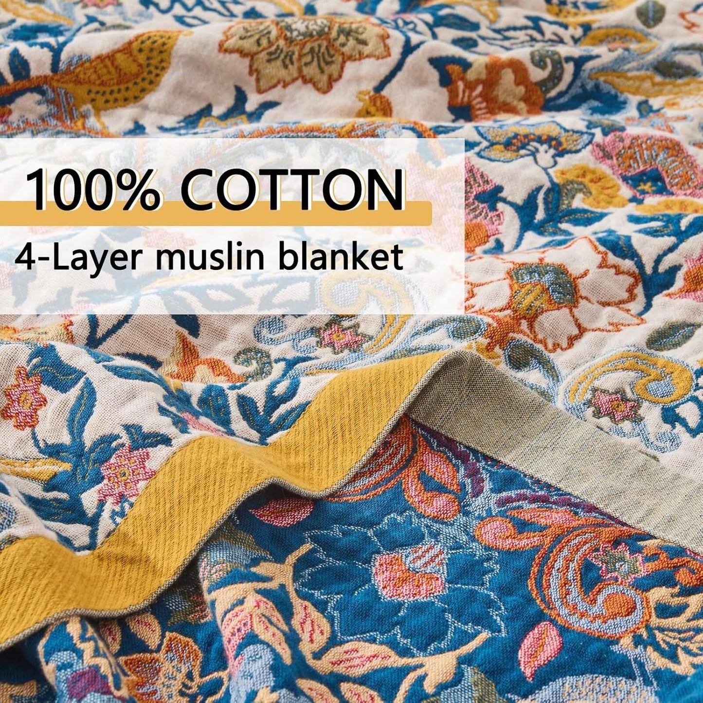Boho Throw Blanket Reversible Cotton Bohemian Tapestry,100% Cotton Throw Blanket for Couch,Sofa,Chair,Lightweight Summer Quilt Soft 4-Layer Muslin Blanket for Farmhouse,Picnic Decor 50"x60"