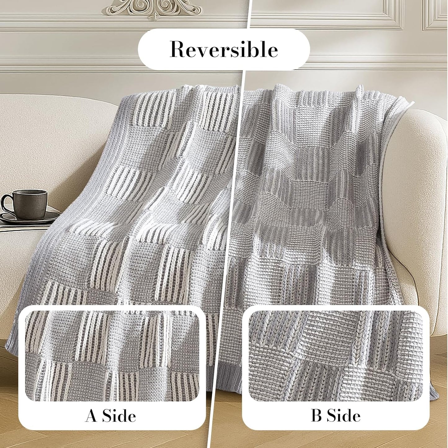 Amélie Home Chenille Knit Throw Blanket for Couch, Checkered Texture Decorative Soft Blanket for Sofa, Bed & Living Room, 50"x60", Grey & White