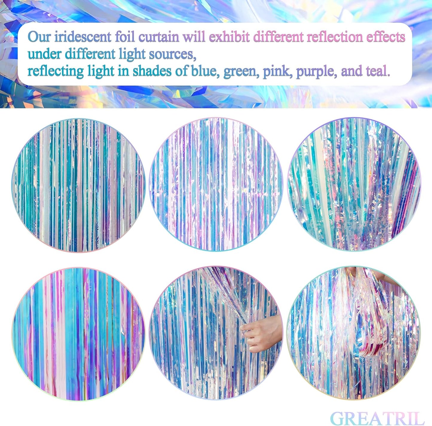 Iridescent Party Streamers Backdrop - GREATRIL Neon Transparent Holographic Tinsel Foil Fringe Curtain for Mermaid/Frozen/Sea/Euphoria/ERAS Party Theme Decorations 3.2ft x 6.5ft 2 PCS