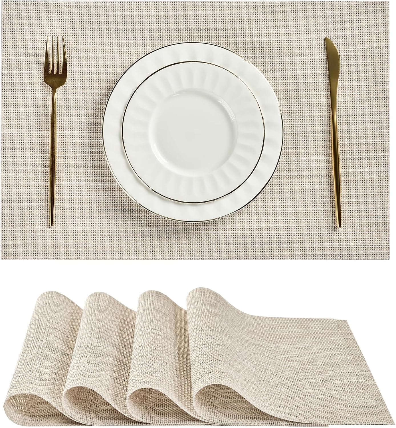 Leetaltree Beige White Placemats Set of 4 - Heat Resistant Non-Slip Place mats for Dining Table, Washable Durable PVC Vinyl Woven Table Mats（Beige White, 4）