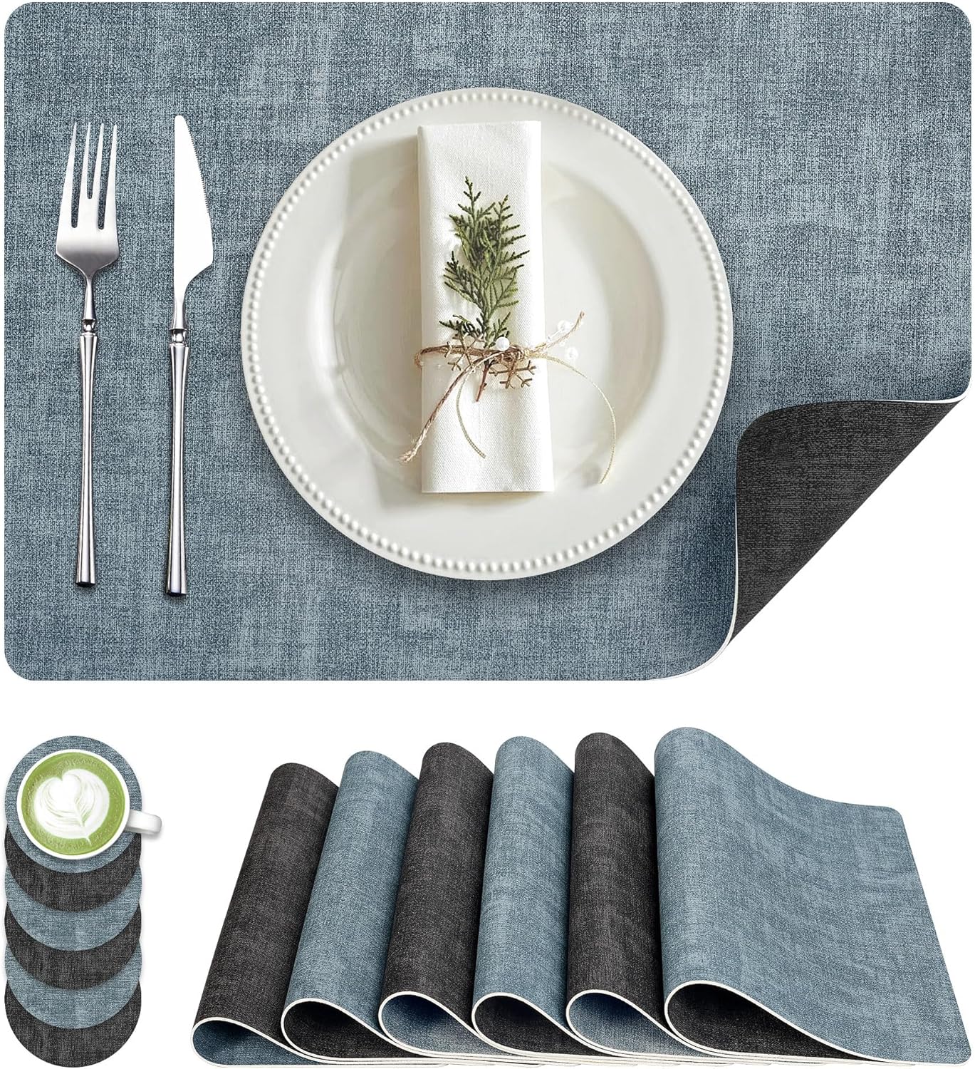 Faux Leather Dual Sided Placemats Set of 6, Square Non-Slip Heat Resistant Placemats with Coaster, Reversible wipeable Waterproof Table Mats for Kitchen, Dining, Outdoor (6, Black Light Blue)