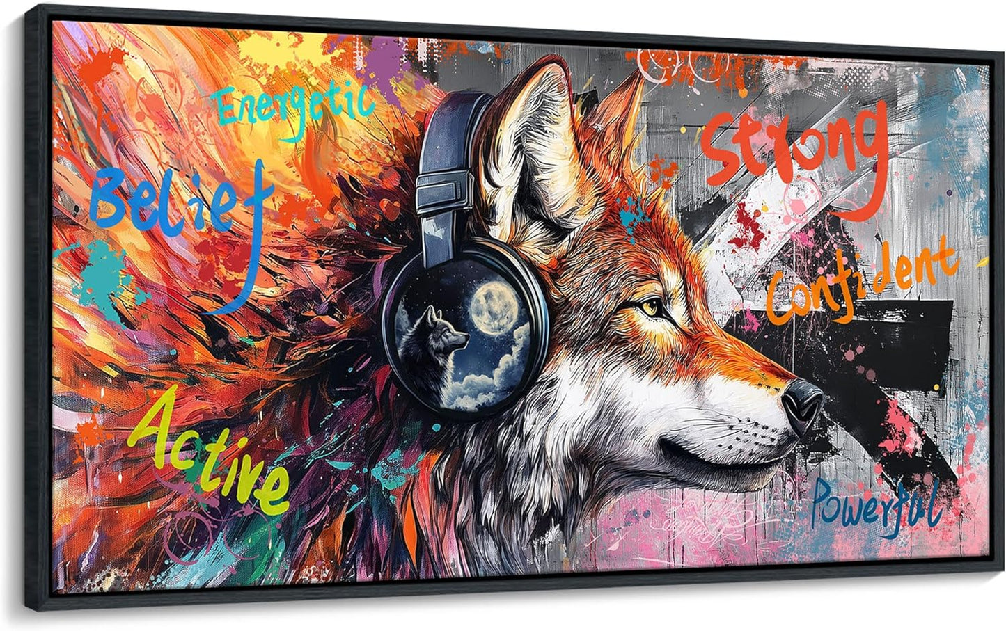 JEAWA Large Framed Wall Art, Modern Graffiti Street Art Funny Wolf with Headphones Pictures Canvas Painting for Living Room Bedroom Office Kitchen Home Inspirational Decor Gifts for Men 29x58