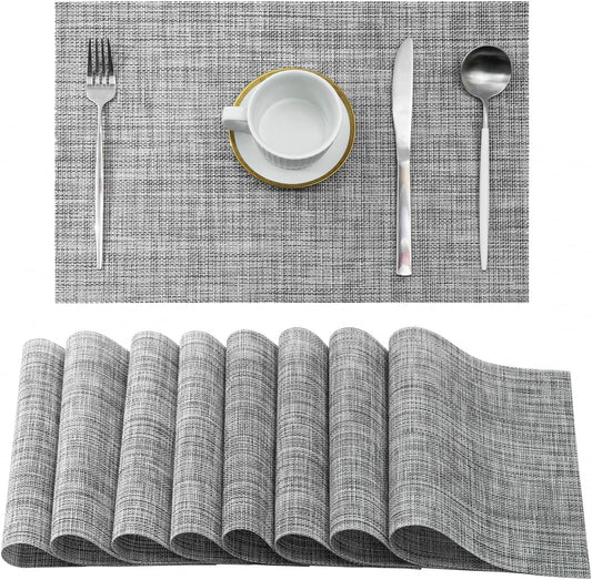 Leetaltree Linen Grey Placemats Set of 8 - Heat Resistant Non-Slip Place mats for Dining Table, Washable Durable PVC Vinyl Woven Table Mats（Linen Grey, 8）