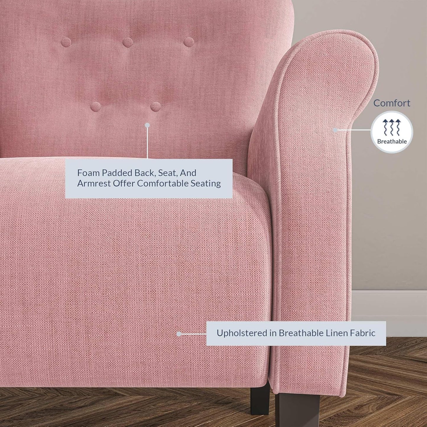 BELLEZE Modern Accent Chair for Living Room, High Back Armchair with Wooden Legs, Upholstered Wingback Side Chair Padded Armrest Single Sofa Club Chair for Living Room, Bedroom - Allston (Pink)