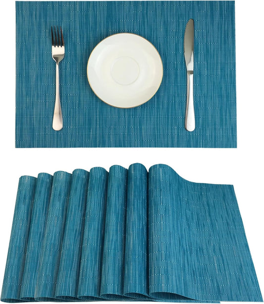 WAZAIGUR Placemats Set of 8 for Dining Table Heat-Resistant Washable Place Mats Woven Vinyl Kitchen Table Mats Easy to Clean,Blue