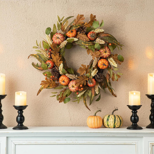 Glitzhome 24''D Fall Pumpkin Leaf Floral Wreath Decor, Artificial Harvest Door Wreath for Autumn or Thanksgiving Decoration