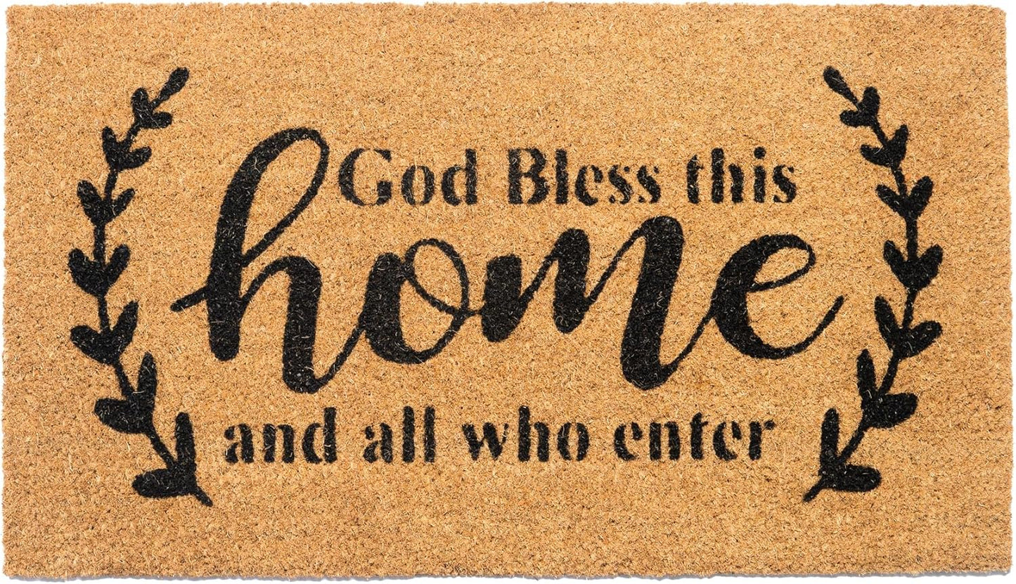 Welcome Doormats, Natural Coco Coir Mats with Non-Slip PVC Backing, Indoor Outdoor Mats for Home & Office, Mats for Door with God Bless This Home Print, Beige & Black, 30"x17"
