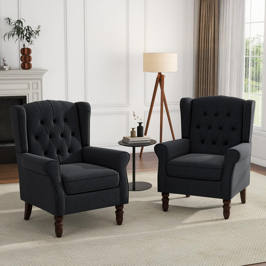 UIXE High Back Accent Chairs Set of 2, Upholstered Armchair in Fabric, Retro Wingback Arm Chair for Living Room, Comfy Single Sofa Bedroom Reading Seat with Solid Wood Legs - Black Blue