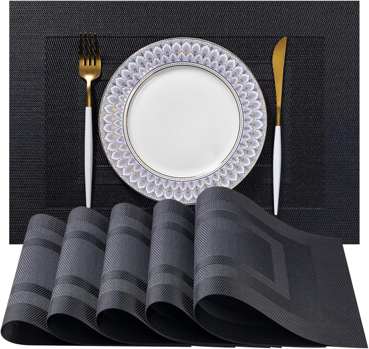 LEXMORE PlaceMats Set of 12 Vinyl/Plastic Woven Place Mats for Kitchen Table Indoor/Outdoor Washable PlaceMat Wipeable Dining Table Mats(Black Cube)
