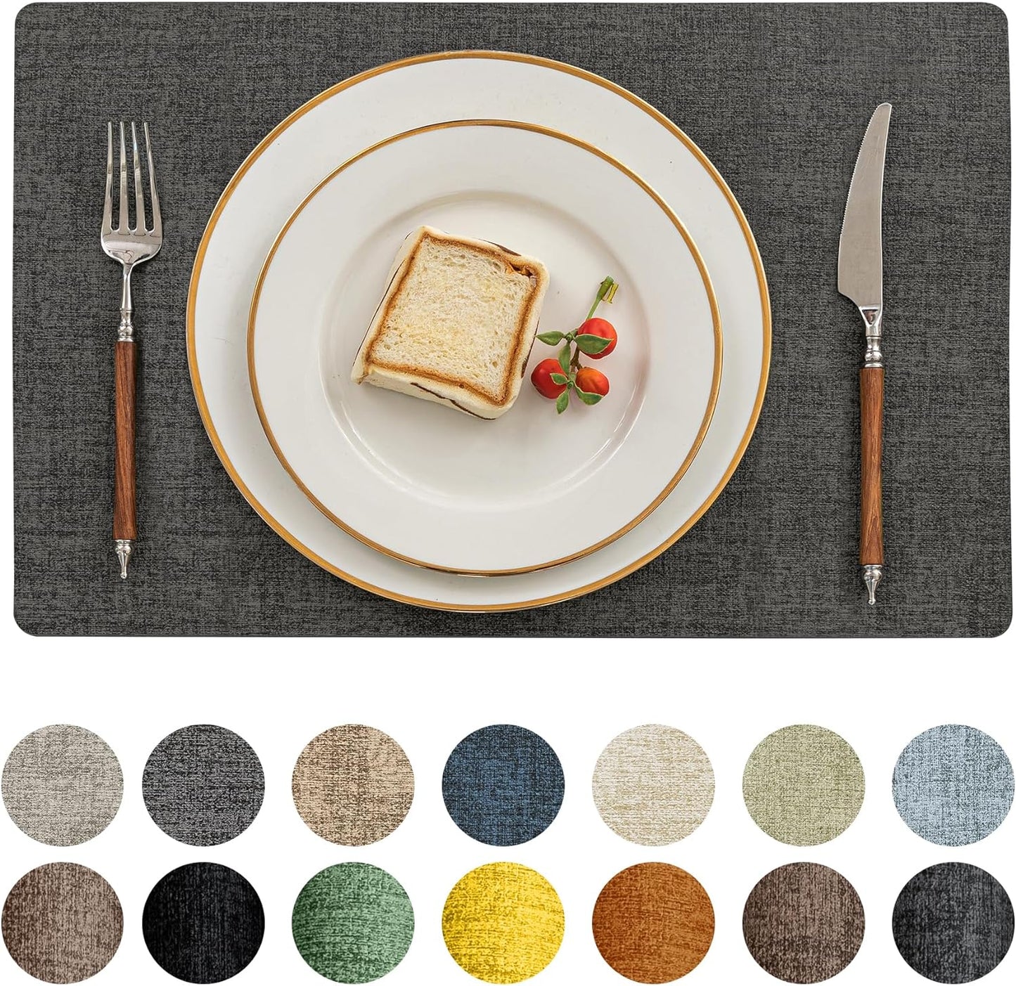 Romanstile Vinyl Placemats Set of 8-12 X 18 Inch - Heat Resistant Place Mats 100% Waterproof Oilproof Wipeable Reversible Faux Leather Table Mats for Kitchen/Dining/Party/Outdoor, Charcoal