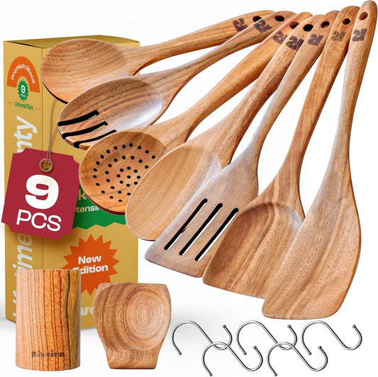 Riveira 9 Pieces Teak Wooden Spoons For Cooking – Premium & Durable Organic Teak Wooden Cooking Utensils – Non Stick Wooden Spatula For Cooking – Non Toxic Utensil Set With Holder & Spoon Rest