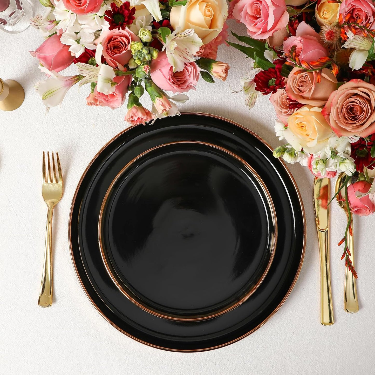 Christian Siriano Solene Stoneware Dinnerware, 12-Piece Plates and Bowls Set, Dish Set for 4, Black with Gold Rim, Glossy Finish, Hand Wash Only