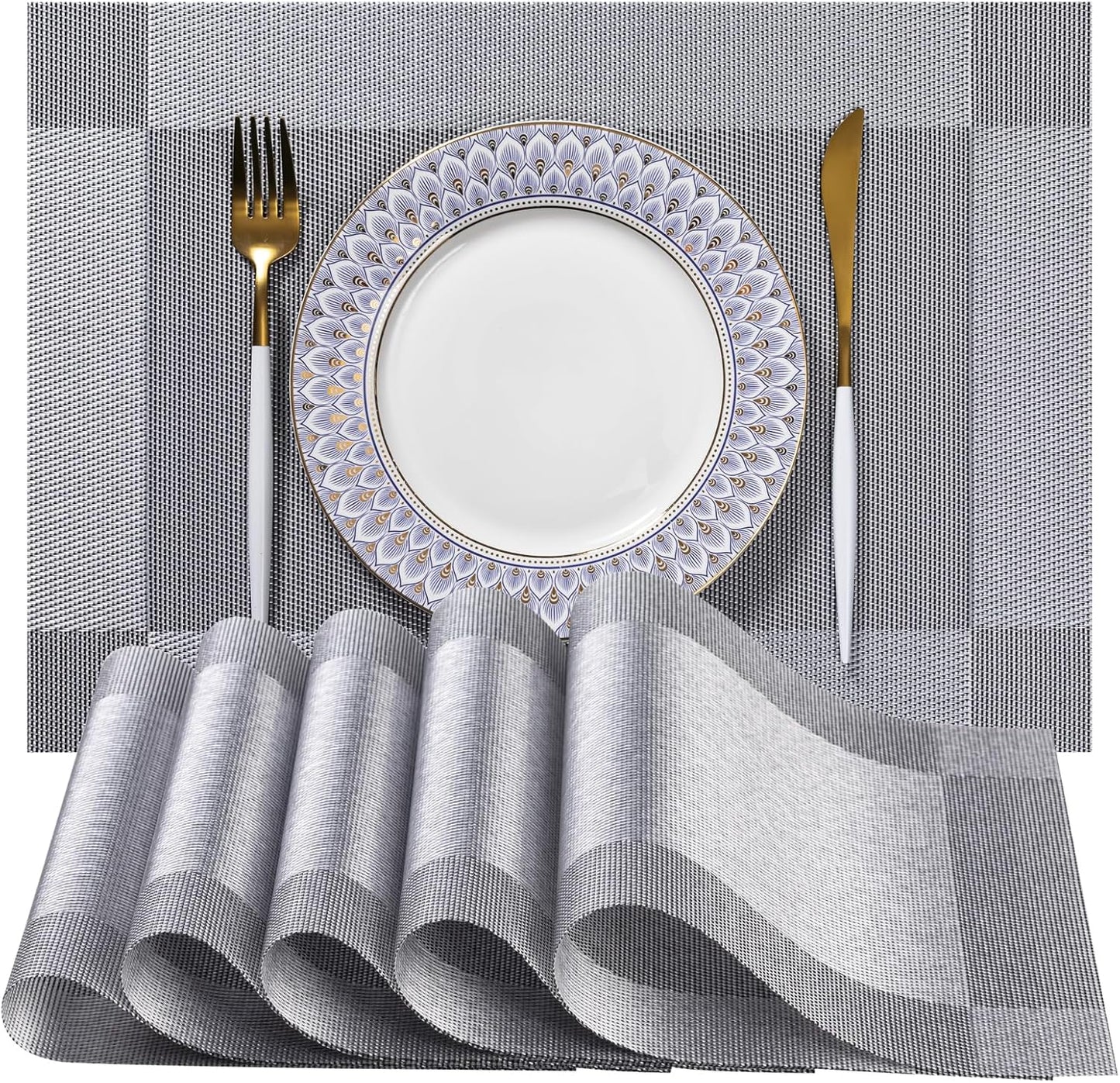 LEXMORE Placemats Set of 6 Vinyl/Plastic Woven Place Mats for Kitchen Table Indoor/Outdoor Washable Placemat Wipeable Dining Table Mats(Silver Cube)