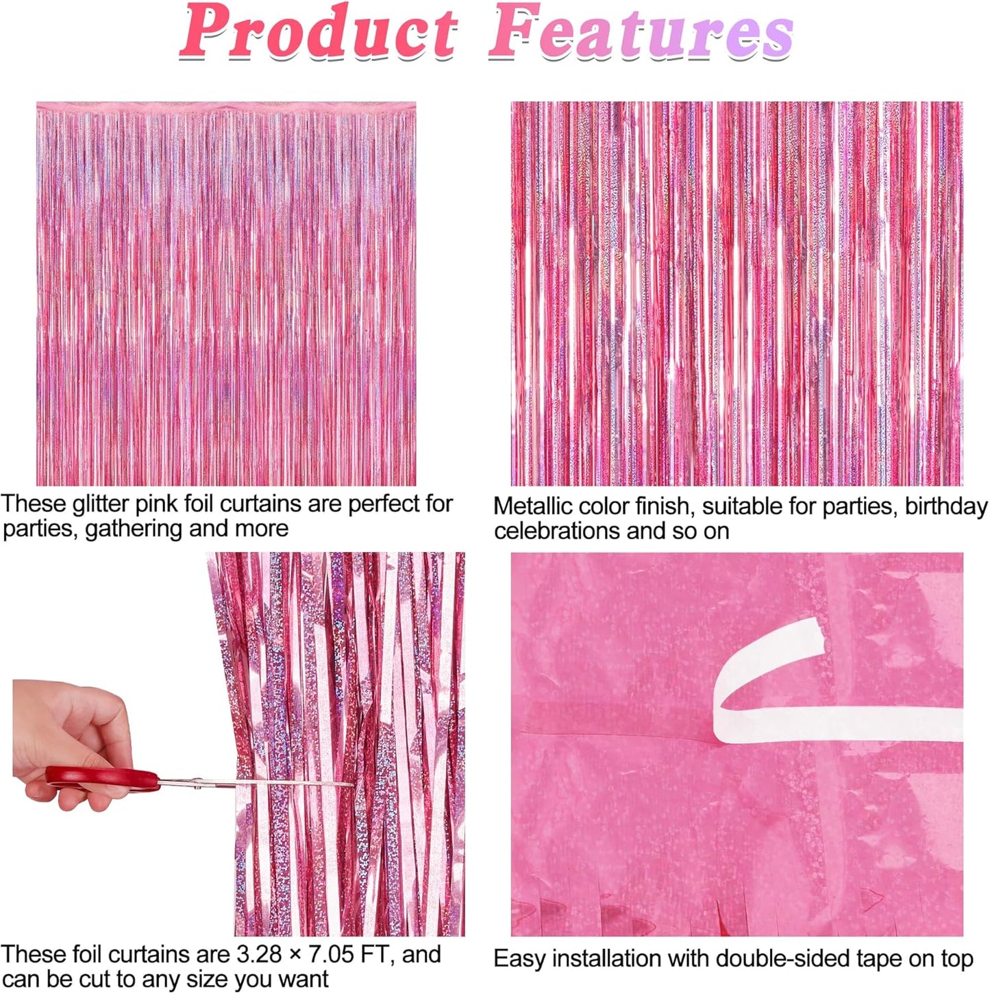 12 Pack Pink Backdrop, 3.28 FT x 7.05 FT Foil Streamers, Metallic Glitter Backdrop Pink Tinsel Fringe Curtains Party Streamers, Pink Birthday Party Decorations Photo Booth Props