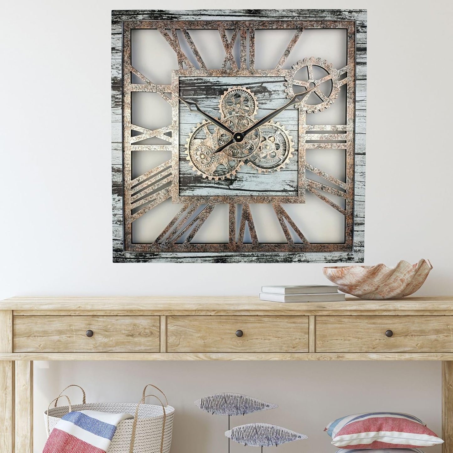 The Gears Clock 24'' Inch Square Real Moving Gear Wall Clock Vintage Industrial Oversized Rustic Farmhouse (Grey and White)