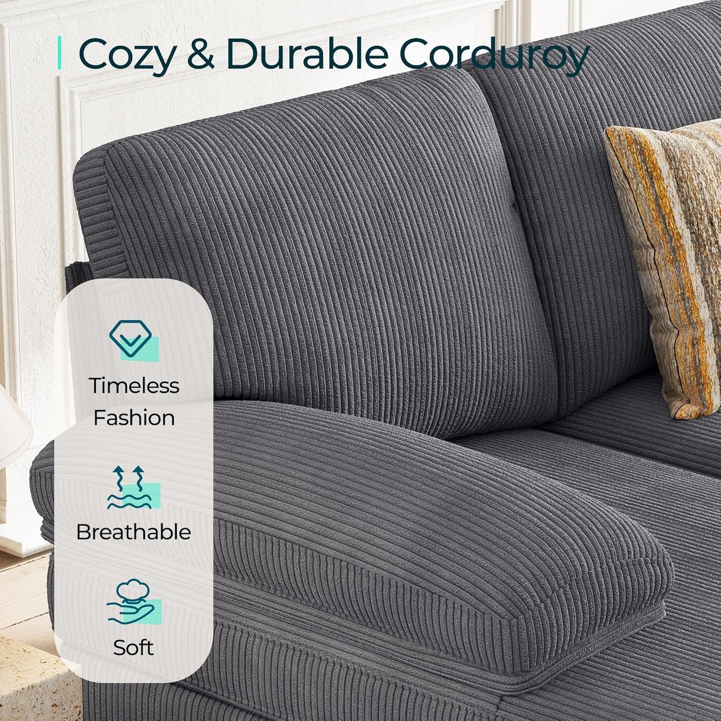 LINSY HOME Sectional Couch, 111'' W Corduroy U Shaped Sofa with Sleepable Armrests, 4 Seat Couch with Double Chaises, Deep Sofa for Living Room, Grey