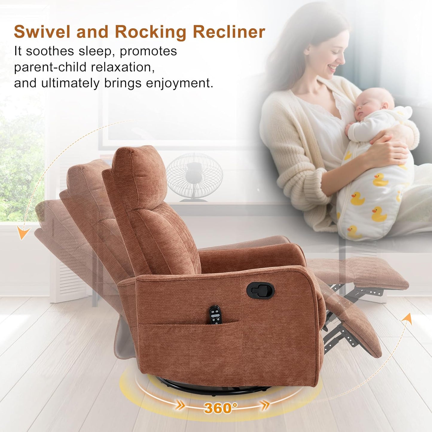 Manual Swivel Rocker Recliner Chair for Adults, Overstuffed Reclining Glider Chair for Nursing with Vibration Massage & Heat, Living Room Rocking Recliner 2-Stage backrest, Chenille Fabric Orange