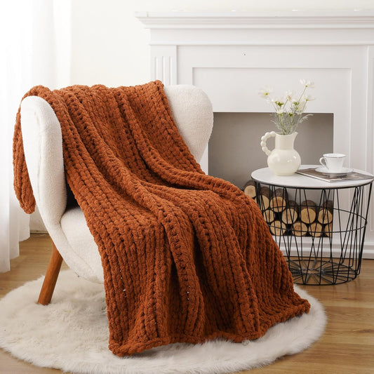 Battilo Chunky Knit Throw Blanket, Soft and Thick Chenille Throw Blanket, 50"x60" Handmade Cable Knit Crochet Blanket, Large Rope Knot Throw Blankets for Couch Sofa Bed Home Decor, Caramel