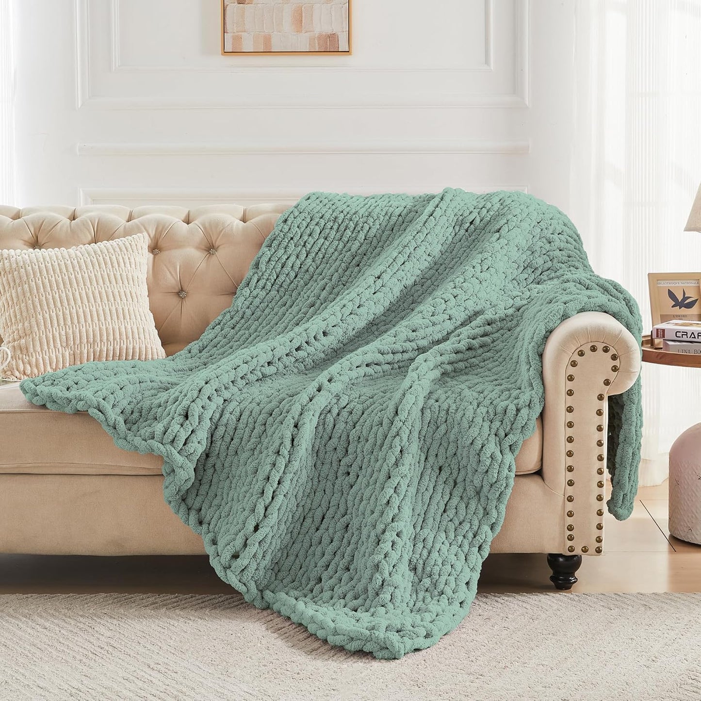 Carriediosa Chunky Knit Throw Blanket 60" X 80" Twin, 100% Hand Made Large Chenille Loop Yarn Soft Fluffy Throws for Couch Sofa Bed, Big Crochet Cozy Heavy Thick Cable Woven Blankets, Sage Green