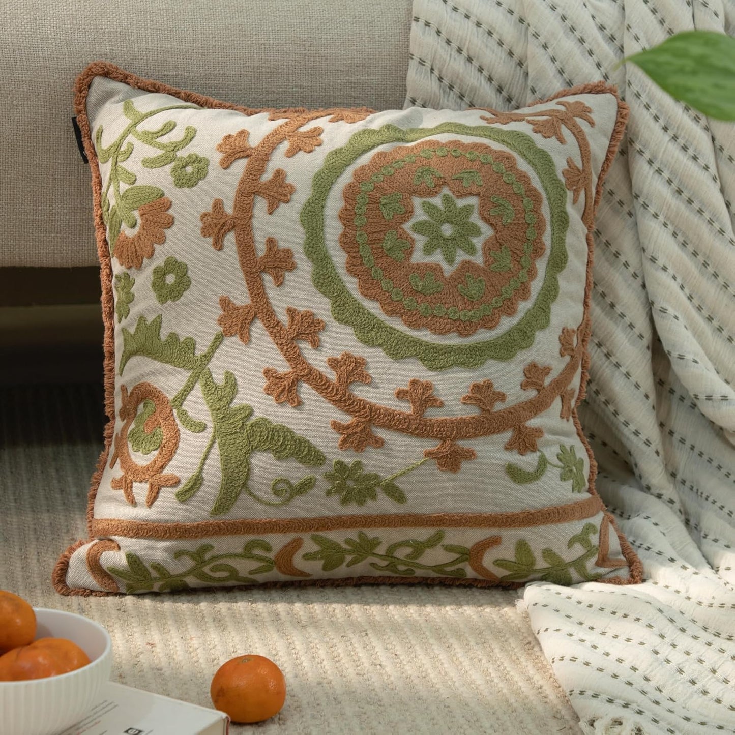 Embroidered Mandala Floral Vintage Indian Cotton Decorative Embroidery Throw Pillow Covers, Fringes Lace Cushion Cover, Pillow Case for Sofa Couch Bed Chair 18" x 18"