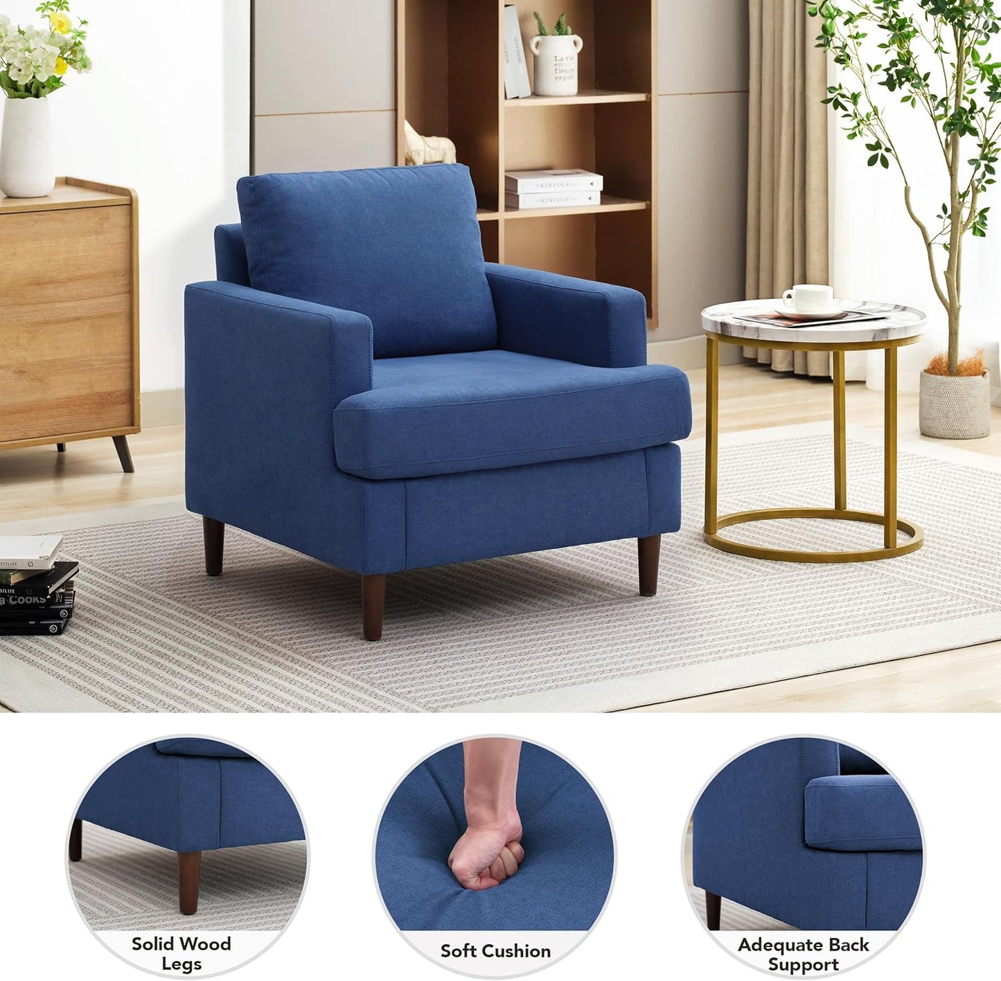 Mid-Century Accent Chair,Modern Linen Fabric Armchair for Living Room,Comfy Upholstered Reading Accent Chairs for Bedroom,Single Sofa Chair with Wood Legs (Blue, 1 Pack)