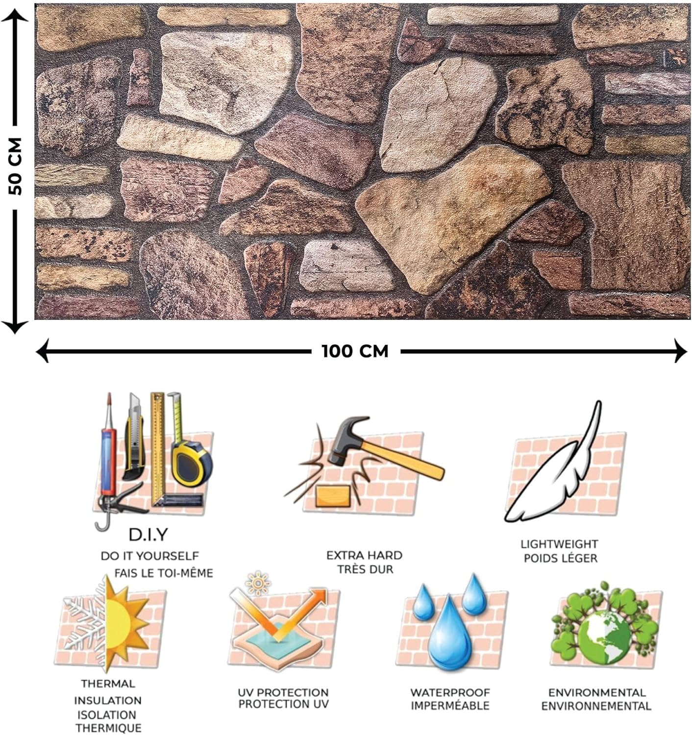 Dundee Deco 3D Wall Panels - Cladding, Mahogany Brown Stone Look Wall Paneling, Styrofoam Facing for Interior and Exterior Applications, DIY, Set of 10, Covers 54 sq ft