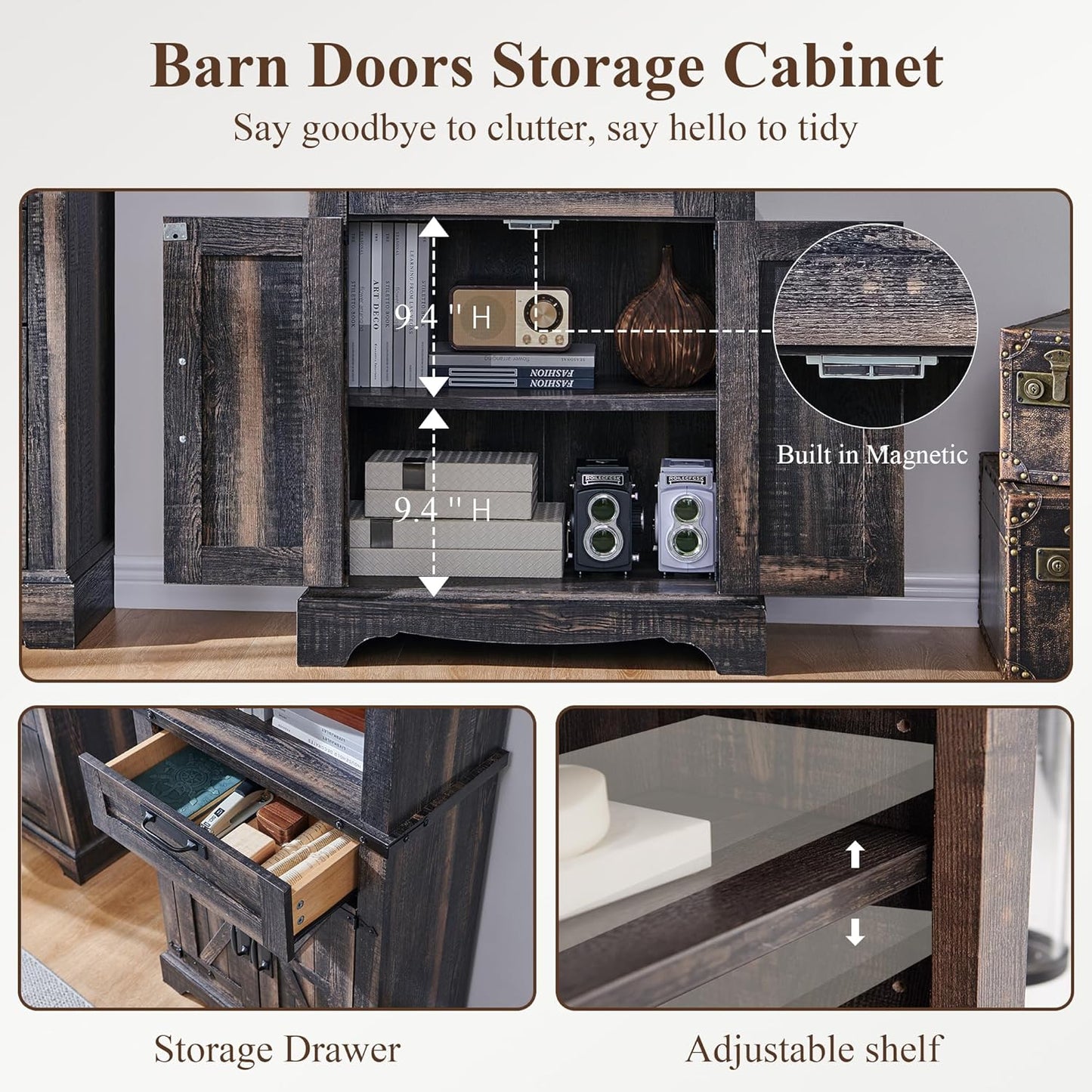 RedLemon Bookshelf with Storage Cabinet, 72" Tall Farmhouse Bookcase with Adjustable Shelves and Barn Door, 4 Tier Office Wood Bookshelf with Drawer for Office Library Living Room (Dark Rustic Oak)