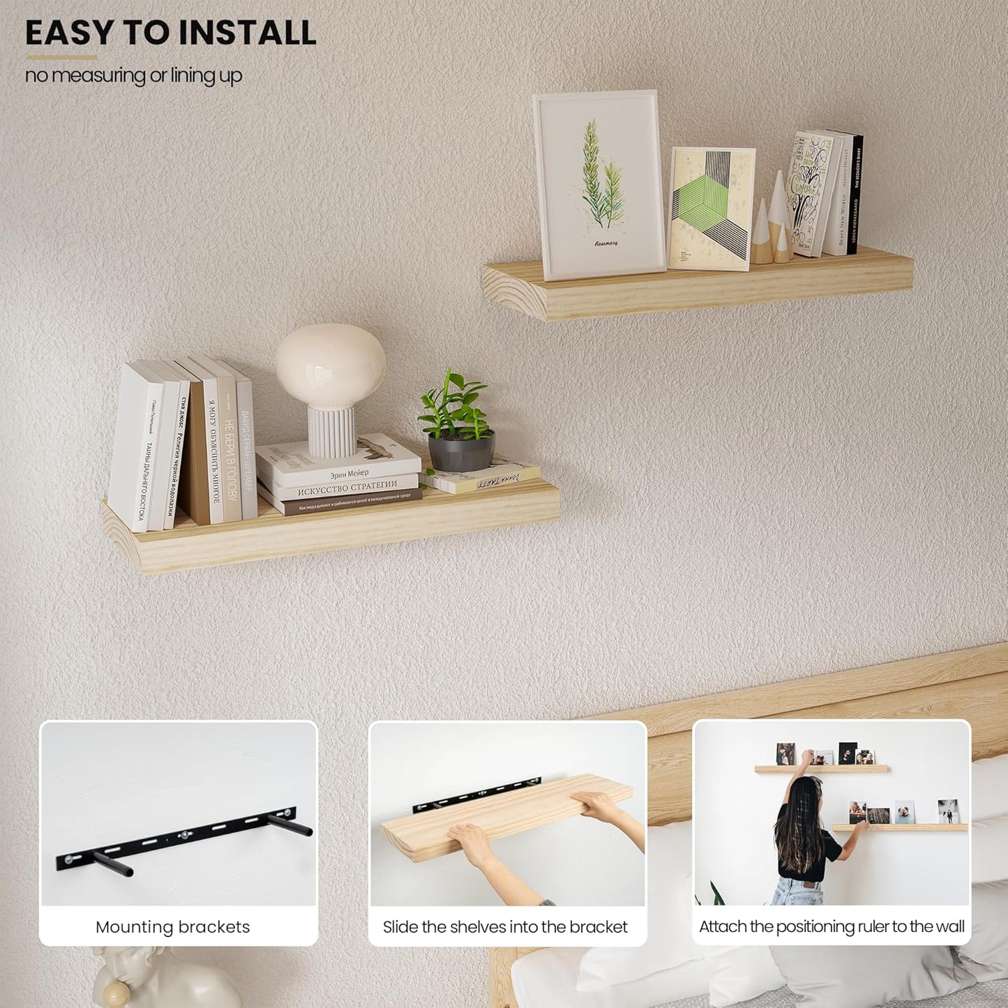 Natural Wood Floating Shelves 16”x 8”x 1.4” Book Shelf Floating for Wall Mounted, Heavy Duty Shelf Hold 35 lbs, Unfinished Wall Shelves for Bathroom, Living Room, Kitchen, Bedroom, Office