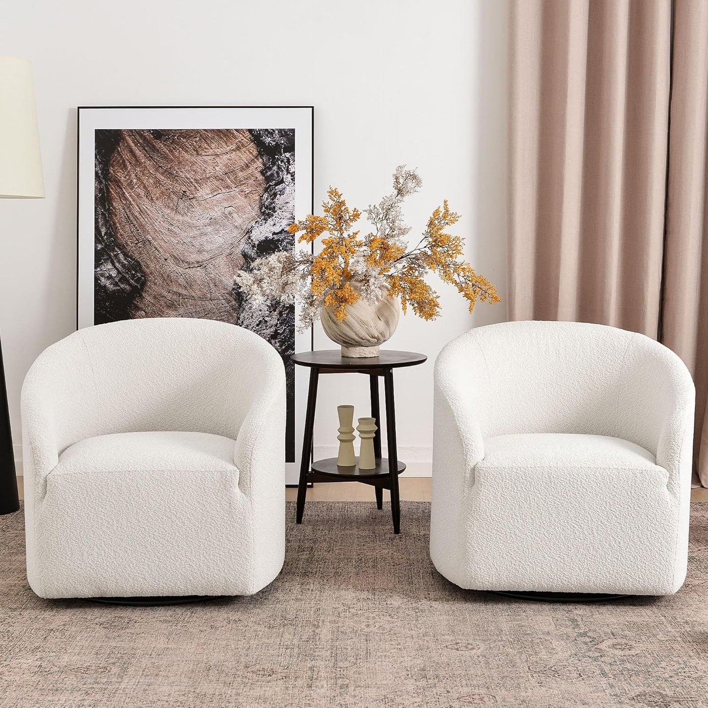 KINWELL 32" Wide Modern Boucle Swivel Barrel Chairs Set of 2, No Assembly Round Upholstered Swivel Accent Armchairs for Living Room, Bedroom (White)