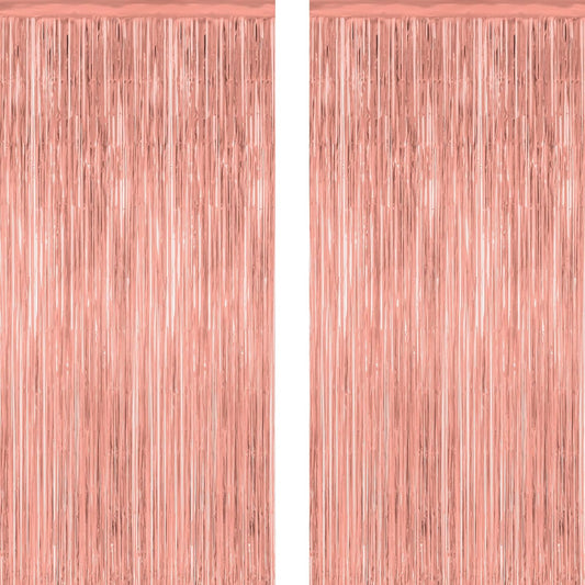 2 Pack Rose Gold Decorations, 3.28 FT x 7.05 FT Rose Gold Fringe Curtains, Metallic Photo Backdrop Tinsel Backdrop Foil Curtains, Metallic Party Supplies Wedding Decor