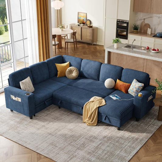 LINSY HOME Sectional Sleeper Sofa with Pull Out Couch Bed - Convertible Plush Corduroy Cloud Couch with Storage Chaise & USB Charging, Comfy Modular Couches for Living Room, Blue