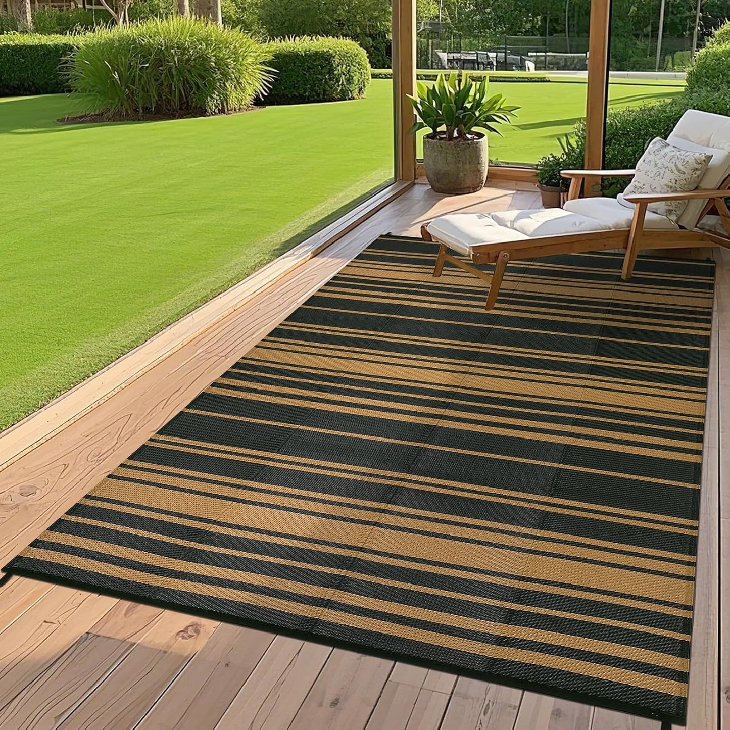 Outdoor Plastic Straw Rug 9x18 Waterproof Outside Rug, Large Modern Striped Reversible Floor Mats, Foldable & Lightweight Camping Carpet for Patio, Porch, Deck, Backyard, Balcony, Black Brown