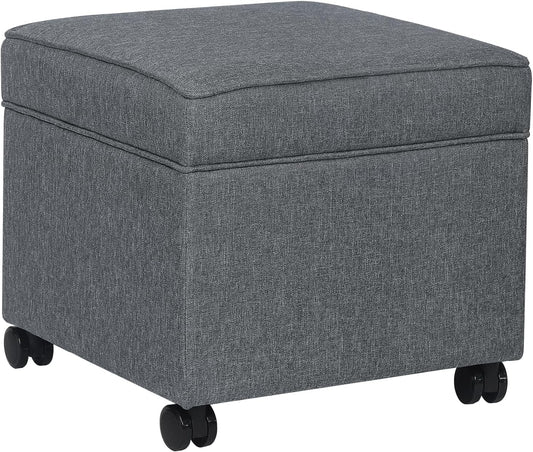 Adeco 17.5" Square Fabric Ottoman with Storage, Upholstered Cotton Linen Foot Rest, Flip Top Footstool, Small Cube Coffee Table Extra Seat for Living Room, Bedroom, Grey with Rolling Legs