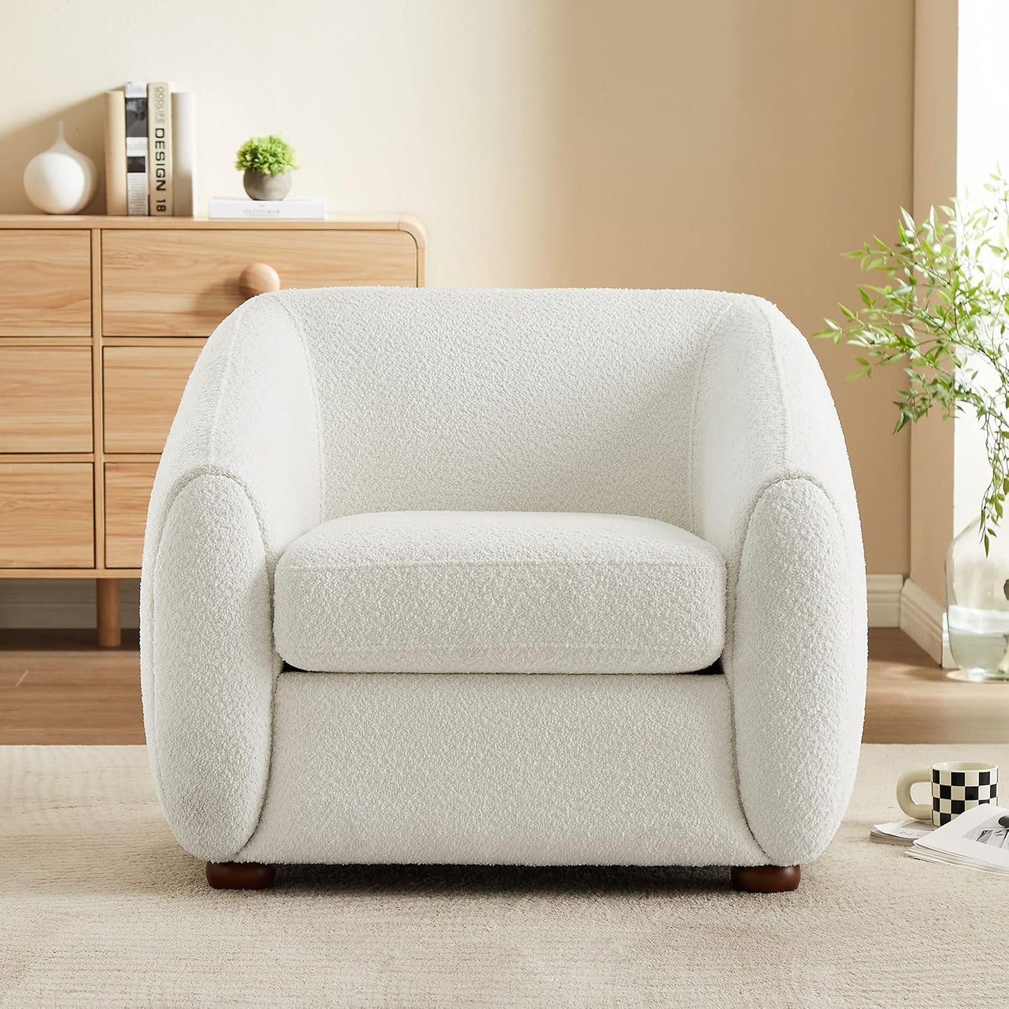 Modern Accent Chair for Living Room, Upholstered Armchair with Boucle Fabric, Single Sofa Chair with Solid Wood Legs, Boucle, White