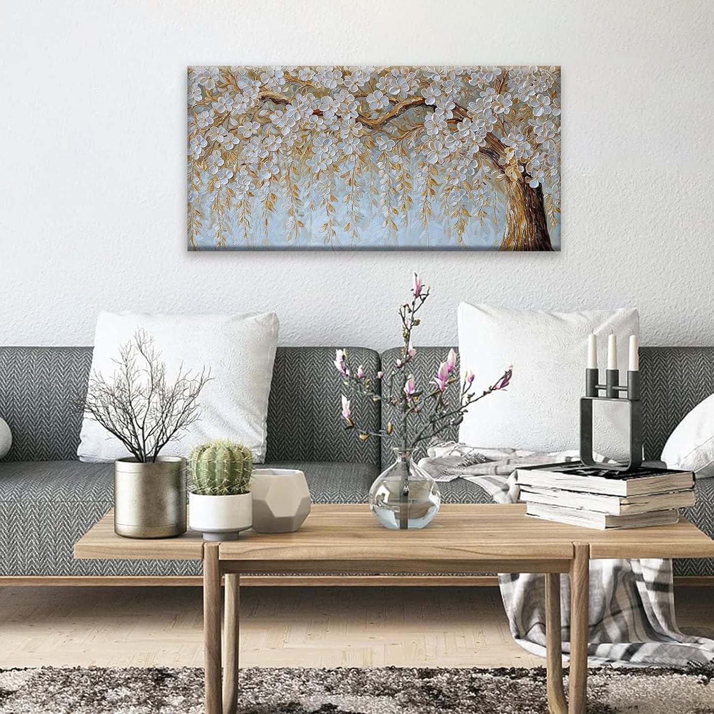 Suconvng Canvas Art Wall Decor Print Paintings Flower White Tree Wall Art Prints Decor Ready To Hang Picture For Bedroom Bathroom And Office Kitchen Home Artwork 20"×40"