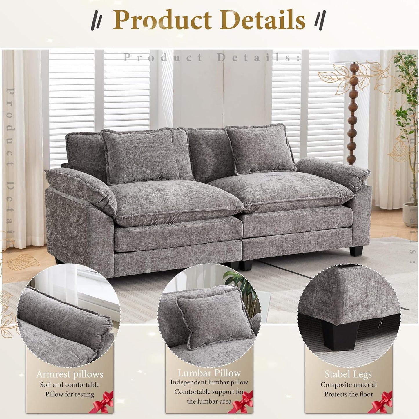 URRED Modular Sectional Sofa Comfy Cloud Couch, Modern Chenille Sofa Sleeper Deep Seat Couches with Ottoman/Pillows for Living Room (Gray, 82.6'')