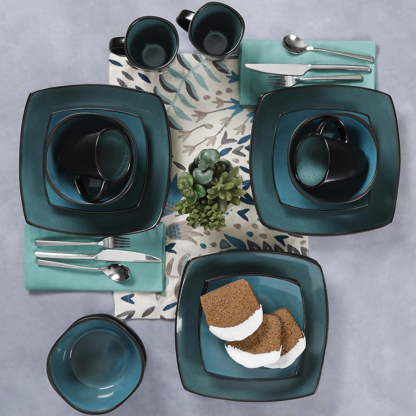 Gibson 99813.16R Elite Soho Lounge 16 Piece Reactive Glaze Dinnerware Set, Teal/Black Tutone