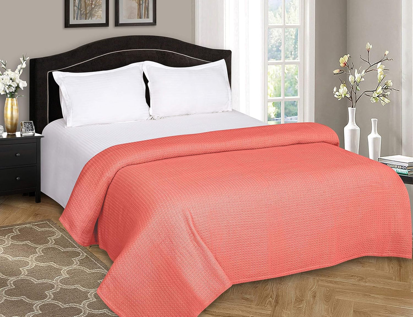 BELIZZI HOME 100% Cotton Bed Blanket, Breathable Bed Blanket Full Queen Size, Cotton Thermal Blankets Full Queen, Perfect for Layering Any Bed for All Season, Coral