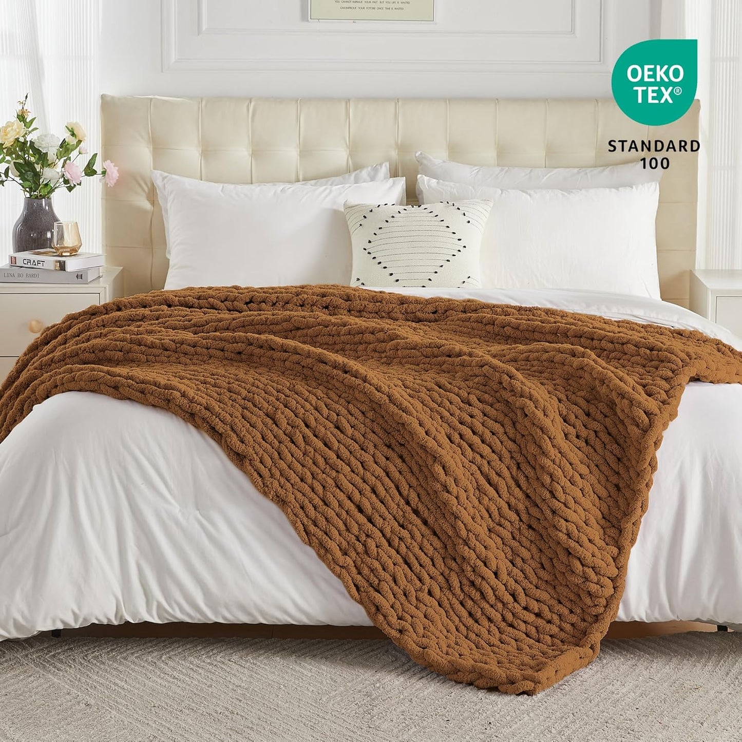Carriediosa Chunky Knit Throw Blanket 60" X 80" Twin, 100% Hand Made Large Chenille Loop Yarn Soft Fluffy Throws for Couch Sofa Bed, Big Crochet Cozy Heavy Thick Cable Woven Blanket, Light Brown