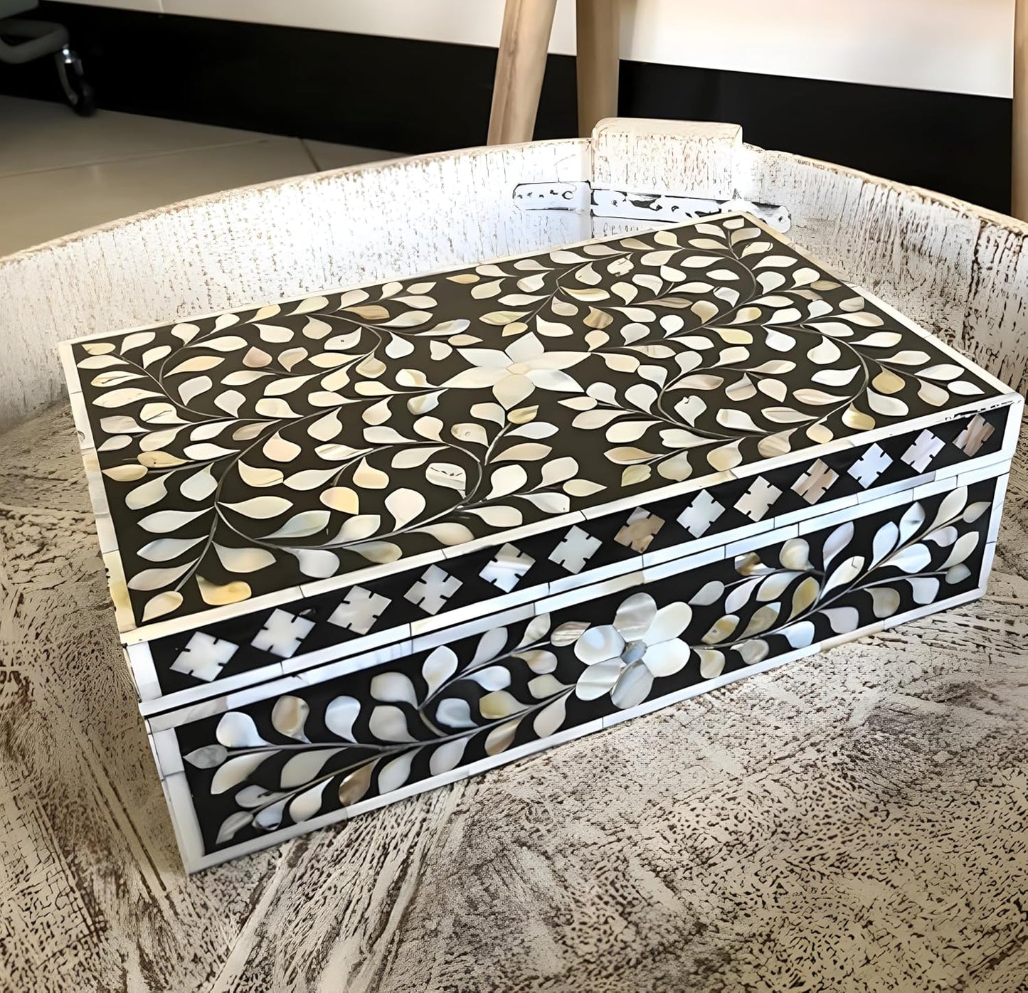 Decorative Wooden Storage Box with Mother of Pearl Inlay – Elegant Floral Design – Perfect for Home Décor in Living Room, Dining Area, or Bedroom (Black, 12x8x5 inches)