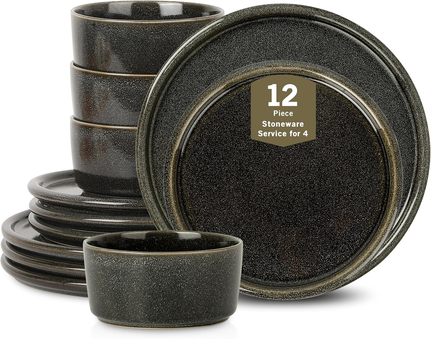 Stone Lain Eden 12-Piece Dinnerware Set Stoneware, Plates and Bowls Set, Dishwasher and Microwave Safe Dish, Dish Set for 4, Charcoal Grey