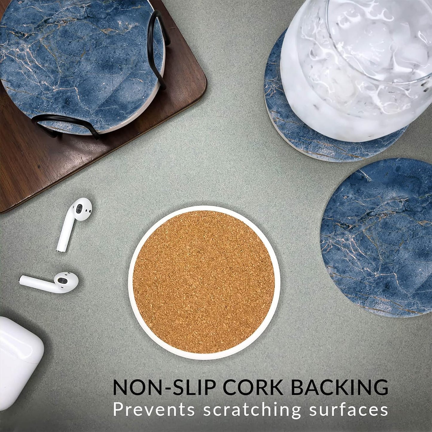 Emerson Coasters for Drinks Absorbent Set of 6 with Holder – Marble Style Coasters – Coasters for Drinks – Drink Coasters for Coffee Table – 100% Ceramic Stone Non Slip – Heavy Duty (Ocean)