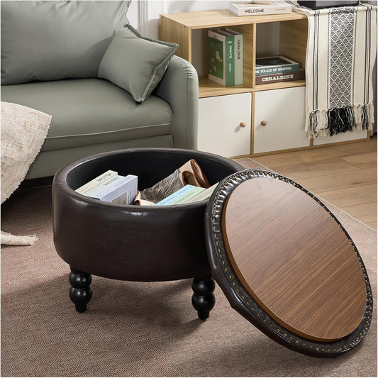 PU Leather Round Ottoman with Storage, Upholstered Tufted Storage Footstool, Modern Wooden Coffee Table for Living Room, Bedroom, Dark Brown(PU)