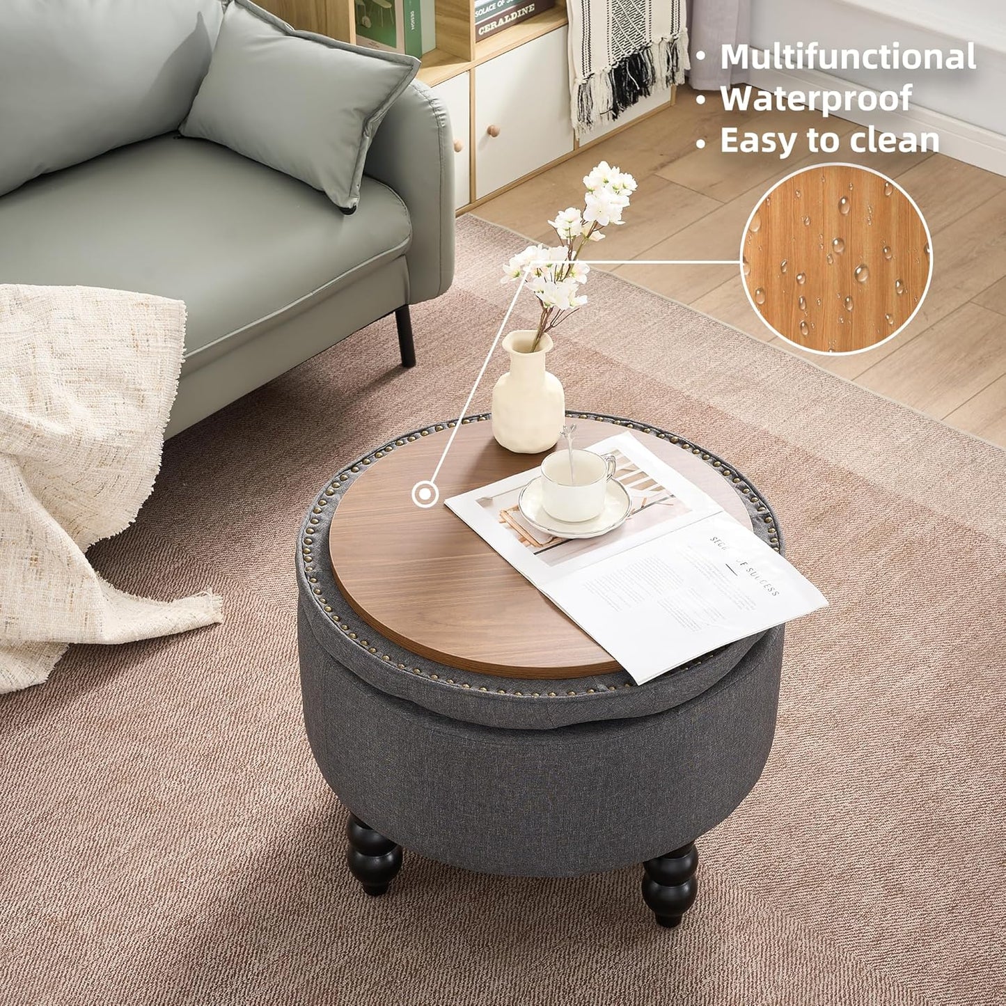 Fabric Round Ottoman with Storage, Upholstered Tufted Storage Footstool, Modern Wooden Coffee Table for Living Room, Bedroom, Dark Grey