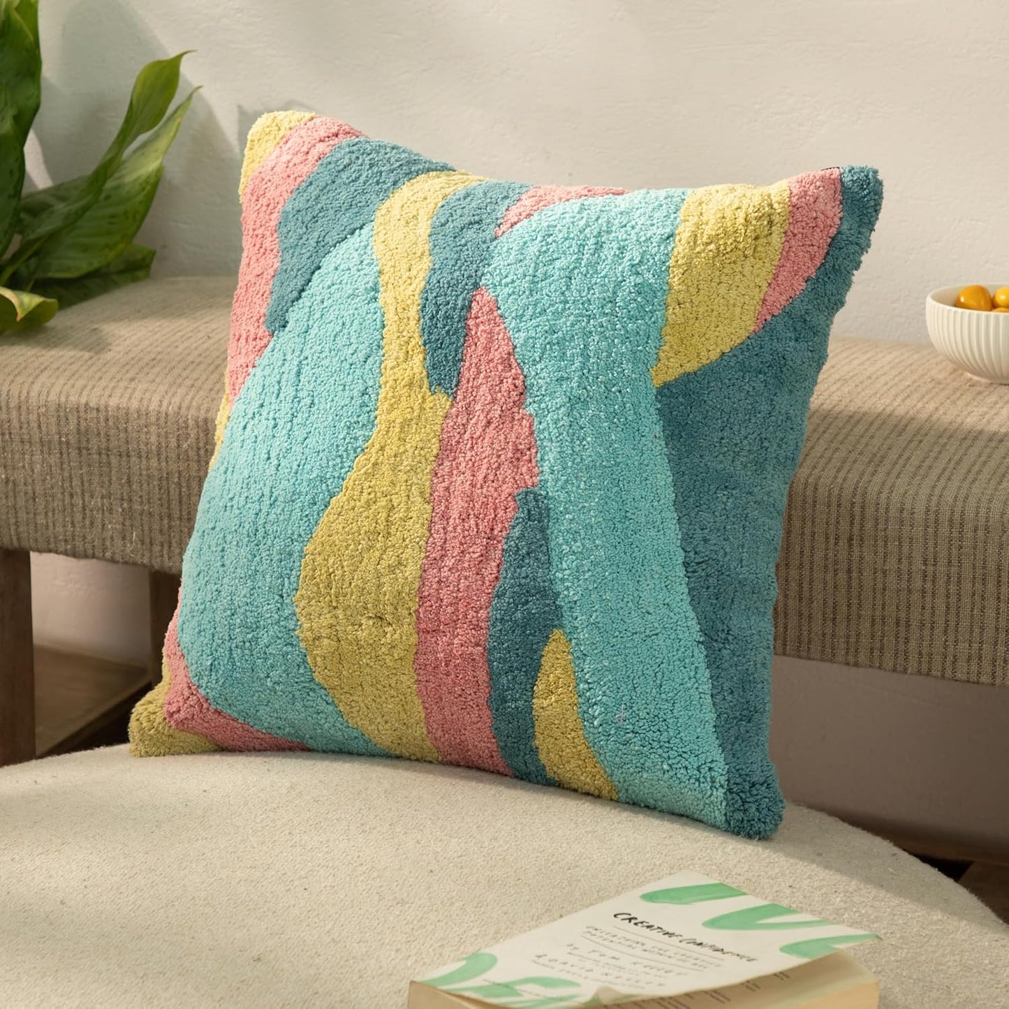 Tuffting Embroidery Decorative Throw Pillow Cover, 18 x 18 inches (Multi)