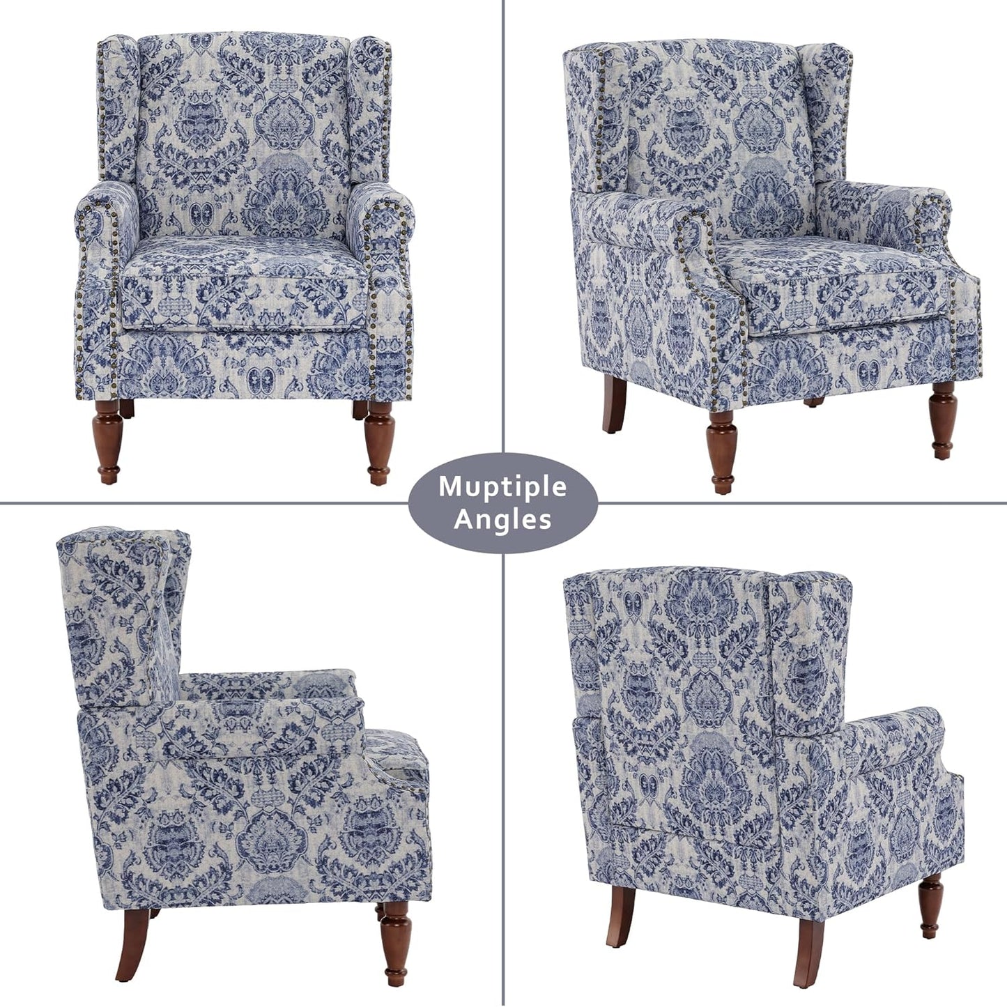 Lumibee High Back Accent Chair Set of 2, Armchair in Fabric,Comfy Upholstered Wingback Single Sofa Reading Chairs with Solid Wood Legs for Living Room,Bedroom,Office-Navy